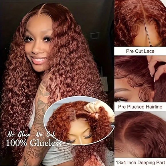 200% Density 18” Reddish Brown 13x4 Human Hair Water Wave Lace Frontal Wig - Picture 3 of 11